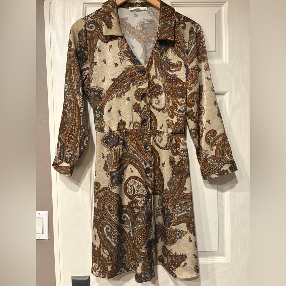 MNG Mango Paisley Satin Mini Dress Size 6 Medium 70s Style Retro 3/4 Sleeve